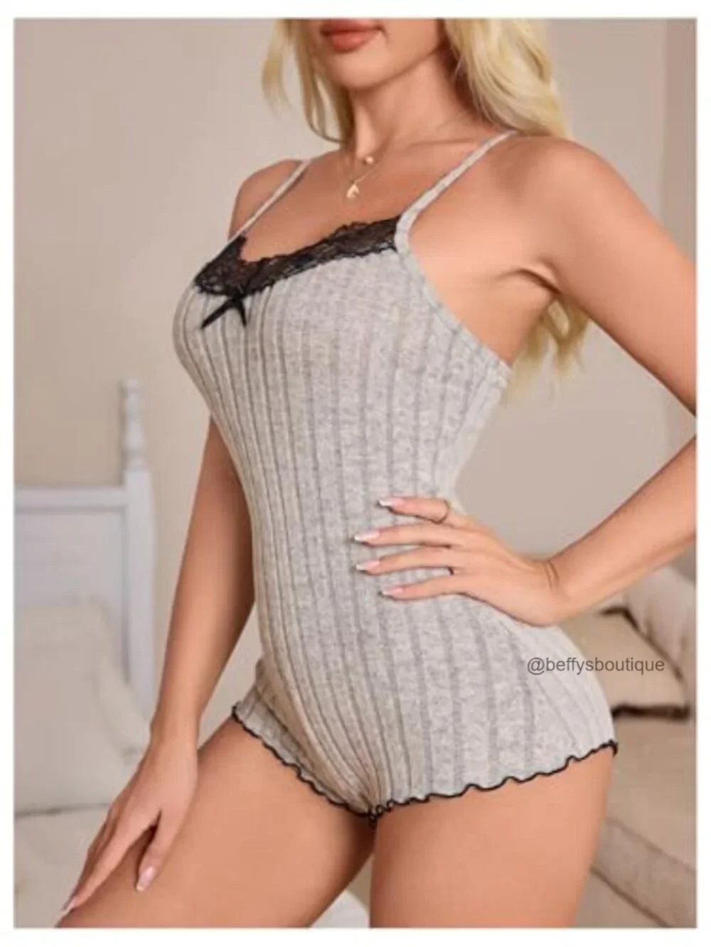 Women's Lace Trim Spaghetti Strap One Piece Sleepwear Romper Pajamas Loungewear